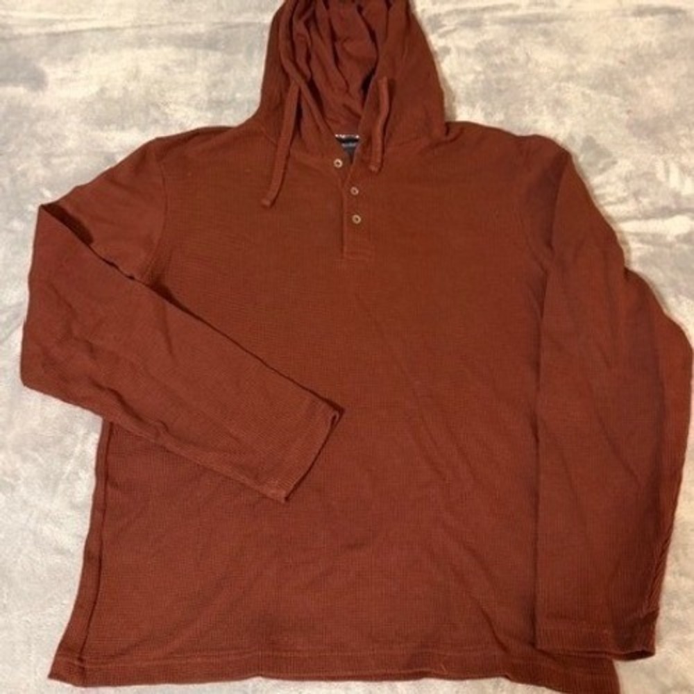 Denim & Flower Ricky Singh Mens Large Rust Brown Waffle Knit Henley Hoodie Sz L
